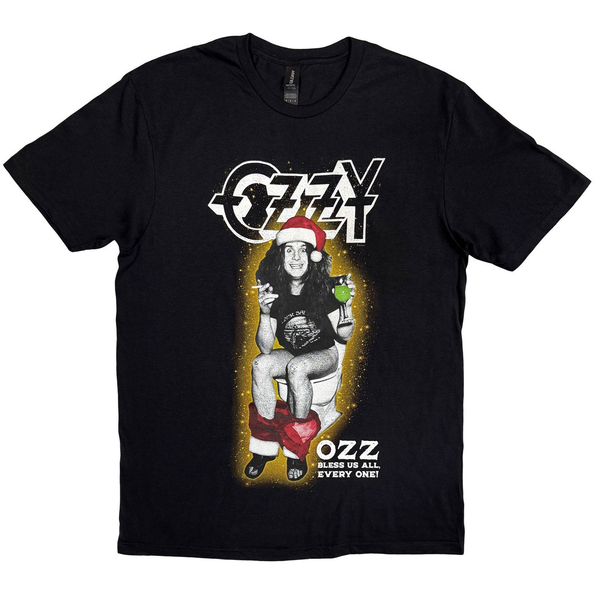 Black t-shirt with "Ozz Bless Us All" and Ozzy Osbourne imagery.