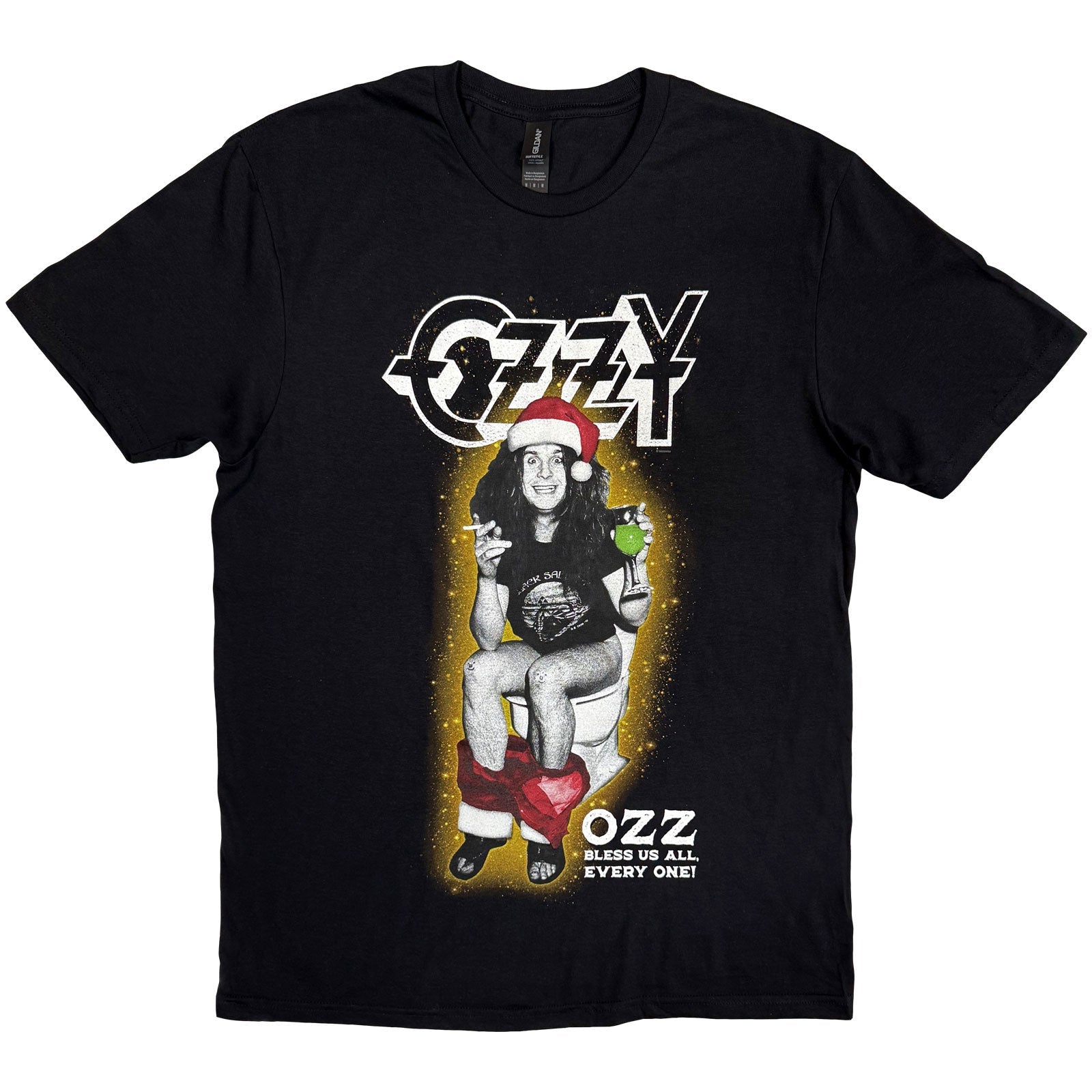 Black t-shirt with "Ozz Bless Us All" and Ozzy Osbourne imagery.