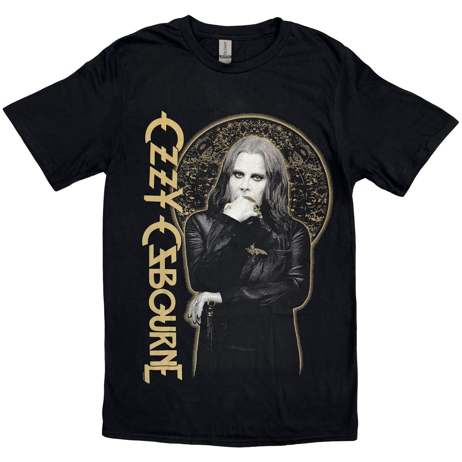 Black t-shirt with gold graphic of Ozzy Osbourne, “Patient No. 9” design.