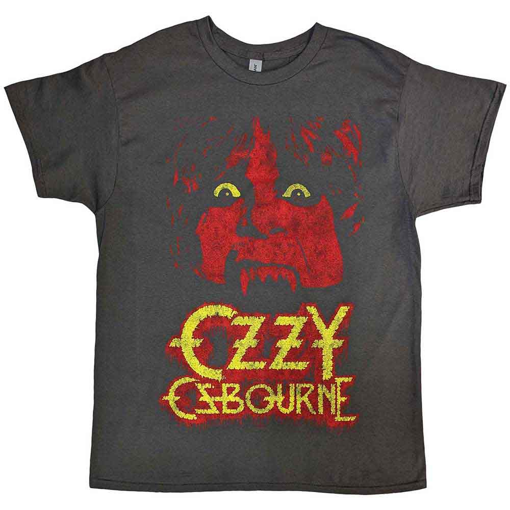 Yellow-eyed Ozzy Osbourne portrait on a small, unisex black t-shirt.