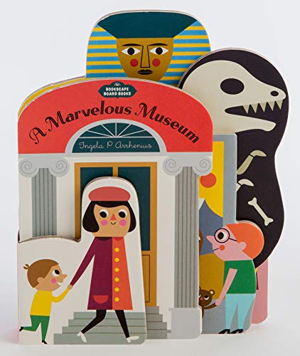 Shaped board book depicting a museum facade, dinosaur skull, and Egyptian portrait.