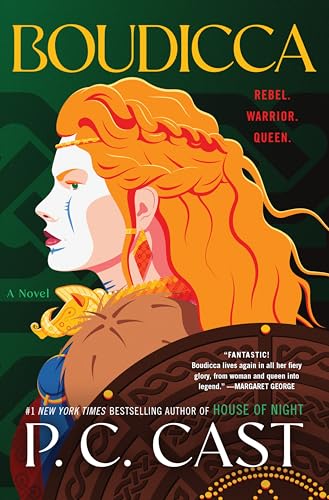 Book cover depicting a profile of Boudicca with red hair and Celtic designs.