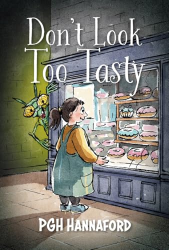 Book cover: girl at bakery window, green monster peeking out.