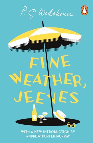 Book cover: “Fine Weather, Jeeves” with a beach umbrella and drinks.