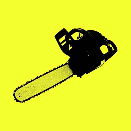 Black and white chainsaw illustration on a bright yellow background.