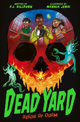 Three children look scared inside a skull-shaped frame with ghosts and flames below.