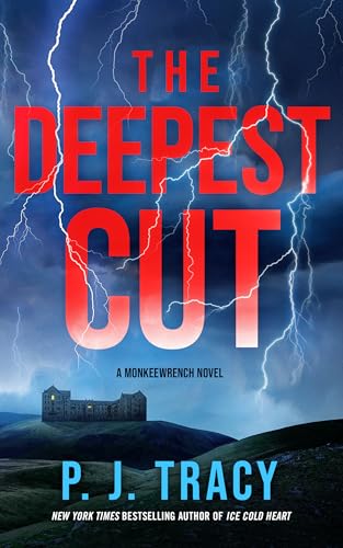 Book cover: "The Deepest Cut" with stormy sky and distant mansion.