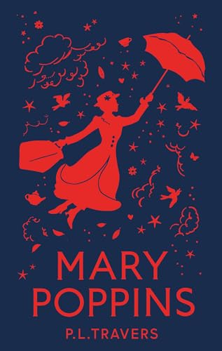 Red silhouette of Mary Poppins flying with umbrella, book cover.