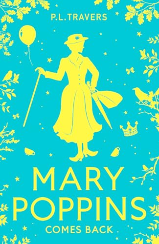 Yellow silhouette of Mary Poppins with a balloon and umbrella on teal.