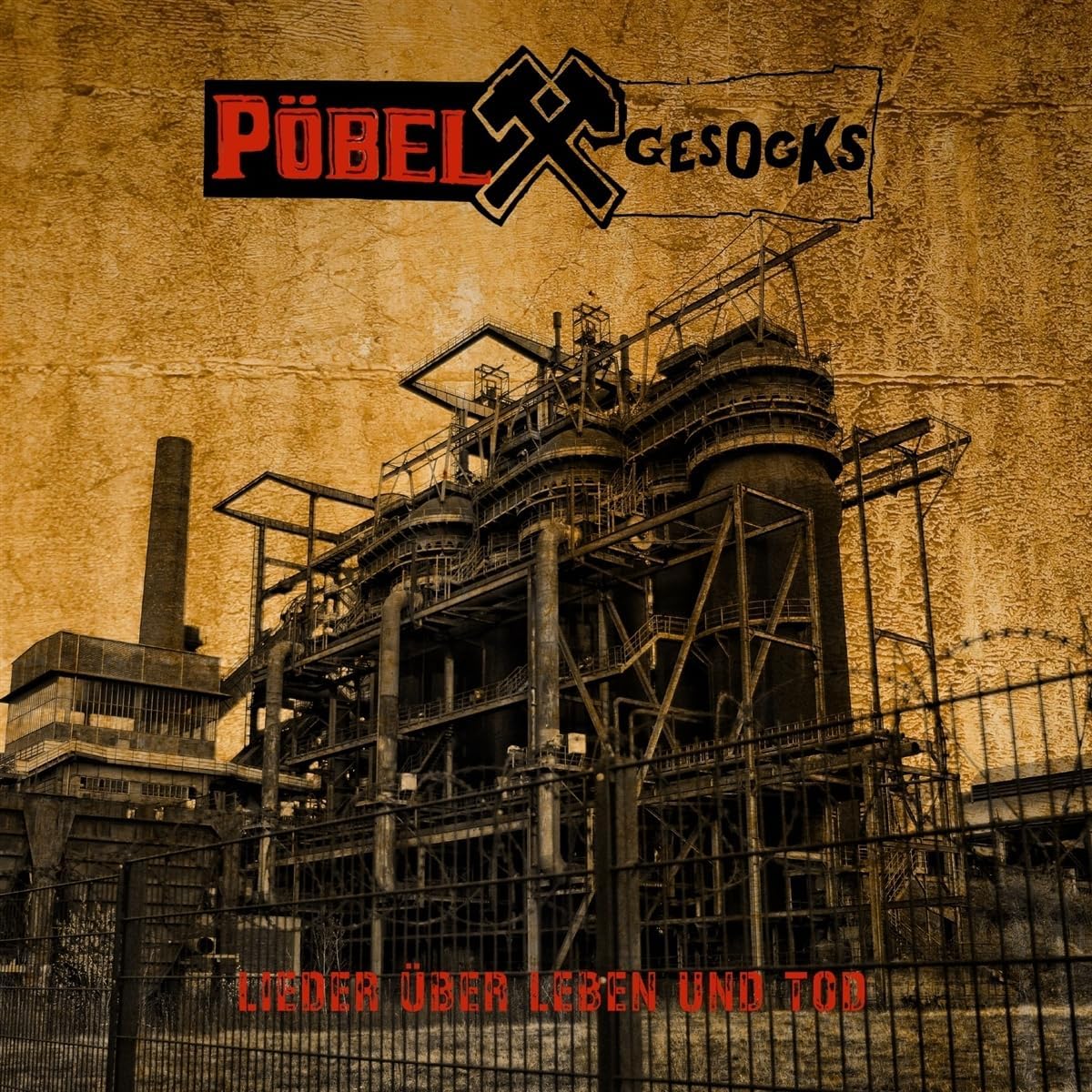 Vinyl album cover: industrial landscape with red text and band name.