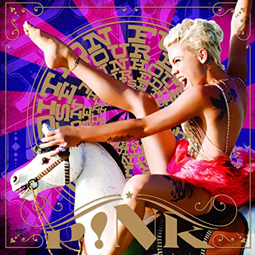 P!nk on a carousel horse with colorful text and design elements.