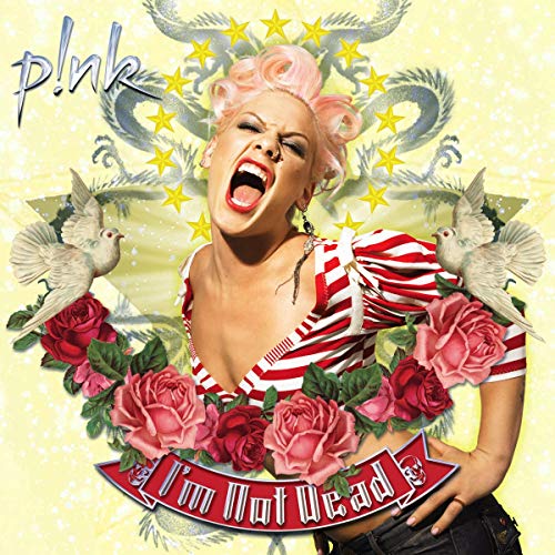 P!nk album cover, “I’m Not Dead”, featuring a portrait with floral designs.