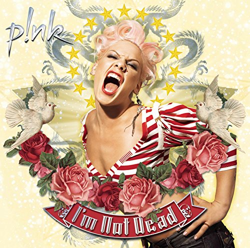 P!nk with pink hair, mouth open, surrounded by roses, doves, and stars on yellow.