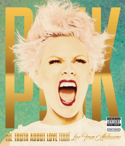 P!nk concert DVD cover: close-up of singer with vibrant, textured background.