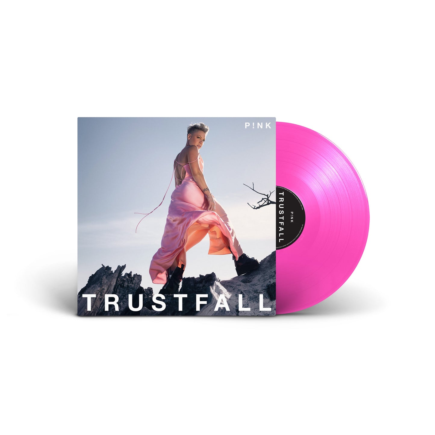 P!nk Trustfall album cover art next to a bright hot pink vinyl record.