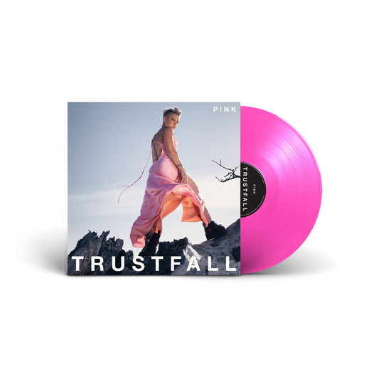 P!nk Trustfall album cover art next to a bright hot pink vinyl record.