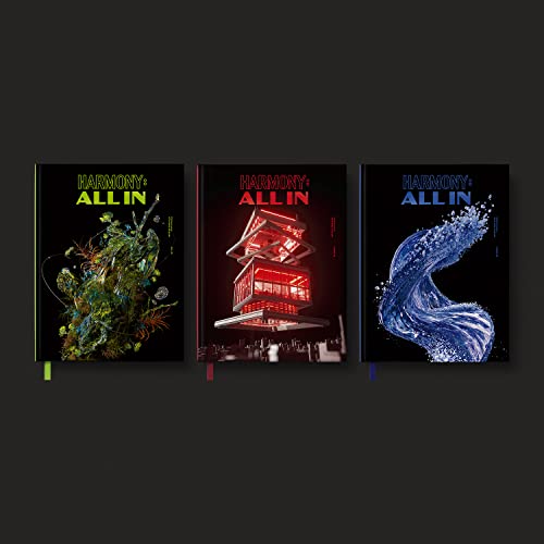 P1harmony “Harmony: All In” CD album covers with nature-themed imagery.