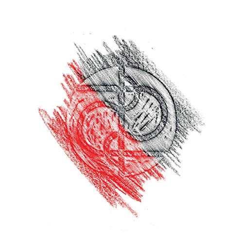 Sketch of a coiled snake, half red and half gray, on white.