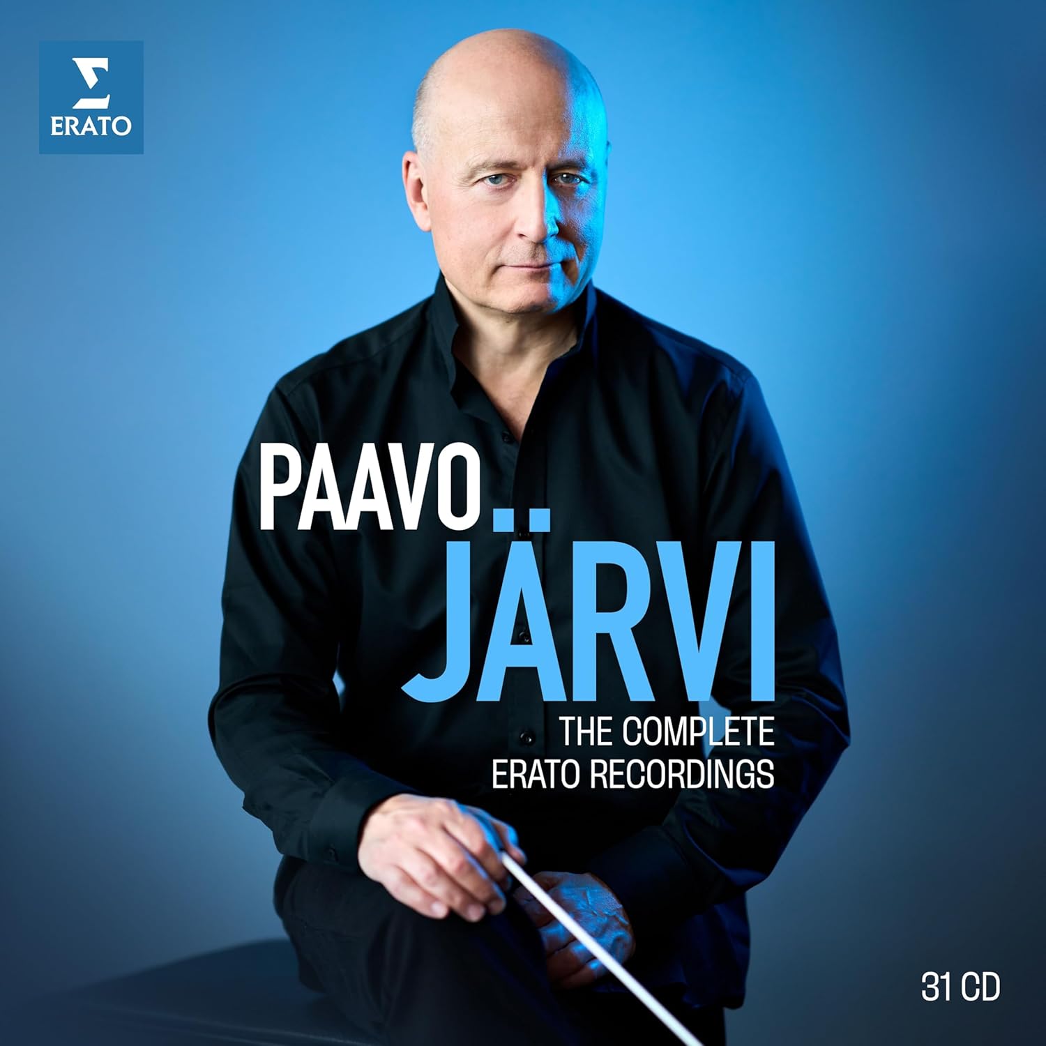 Paavo Järvi portrait on CD cover for complete Erato recordings collection.