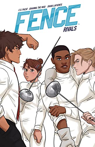 Comic book cover featuring four young fencers with swords.