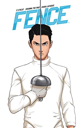 A fencer in white gear holds a foil vertically in front of his face.