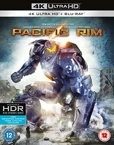 Blu-ray cover for "Pacific Rim" featuring a large robotic figure in a city.