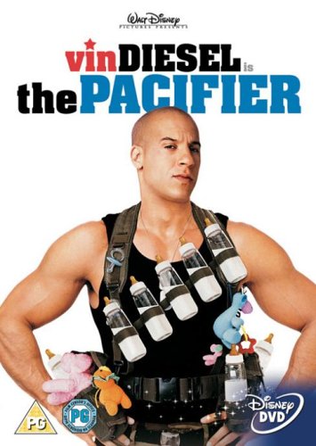 DVD cover for "The Pacifier" featuring Vin Diesel with baby bottles.