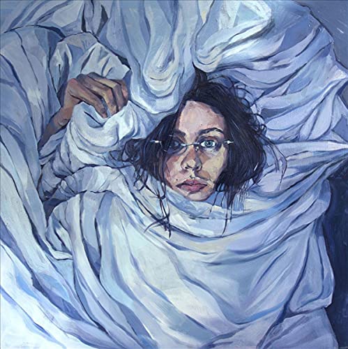 A painting of a person with glasses wrapped in blue-tinted white bed sheets.