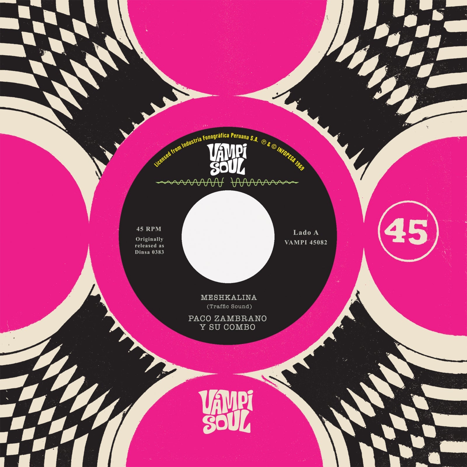Black and red vinyl record label with text and a central hole.