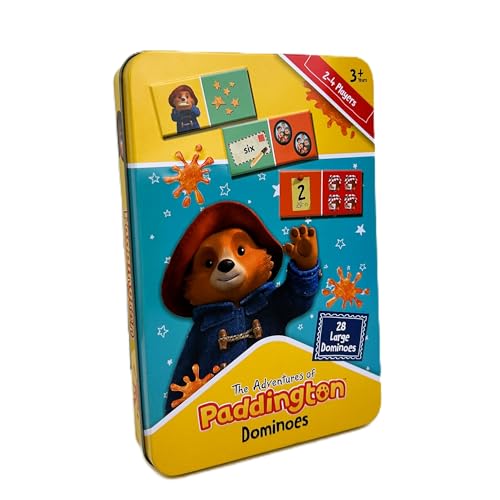 Paddington Bear dominoes in a blue tin with character illustrations.