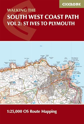 Red guidebook cover displaying a detailed map section of the South West Coast Path.