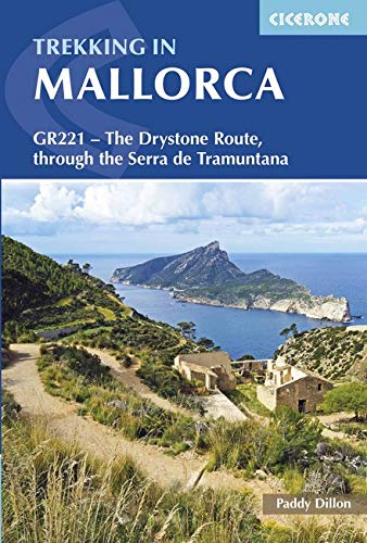 Book cover with a scenic landscape photo and title "Trekking in Mallorca" on blue background.
