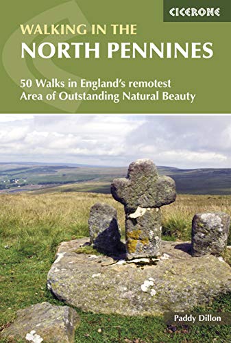 Book cover: “Walking in the North Pennines” with a stone cross landscape.