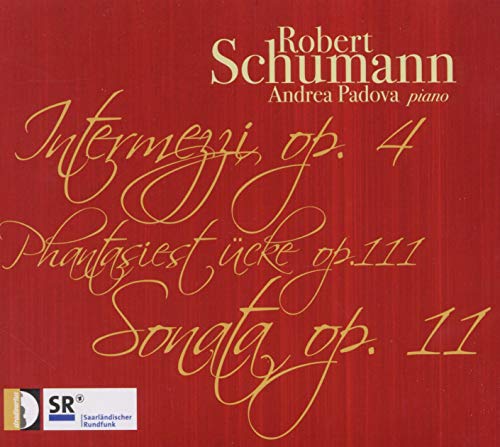 CD cover for Schumann’s Intermezzi, performed by Andrea Padova, red background.