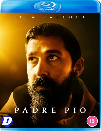 Blu-ray cover featuring a close-up portrait of Shia LaBeouf as Padre Pio.