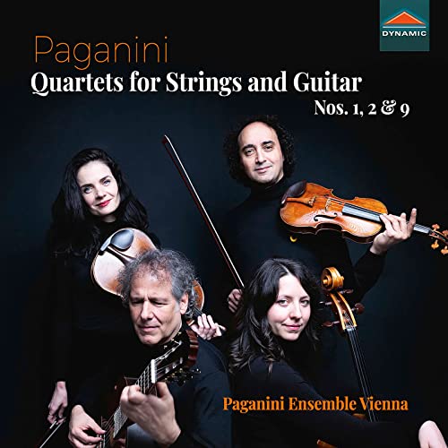Four musicians from the Paganini Ensemble Vienna posing with string instruments against black background.