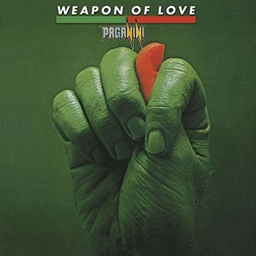 Green hand clutching a red heart, album cover for Paganini’s “Weapon of Love.”