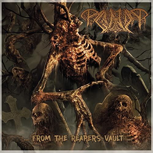 Dark album cover featuring a skeletal, decaying figure amidst gnarled branches.