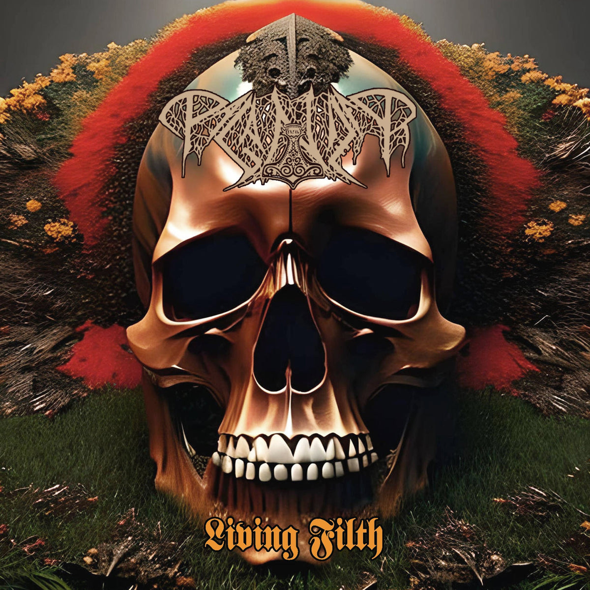 Bronze skull with ornate detailing, set against a fiery floral background.