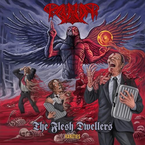 A winged bird-creature looms over businessmen dissolving into blood and gore.