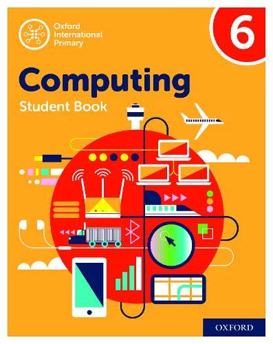 Student book cover with computing imagery: screens, planes, and data.