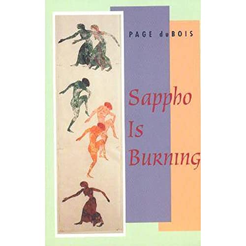 Book cover: "Sappho is Burning" with abstract figures in orange and blue.