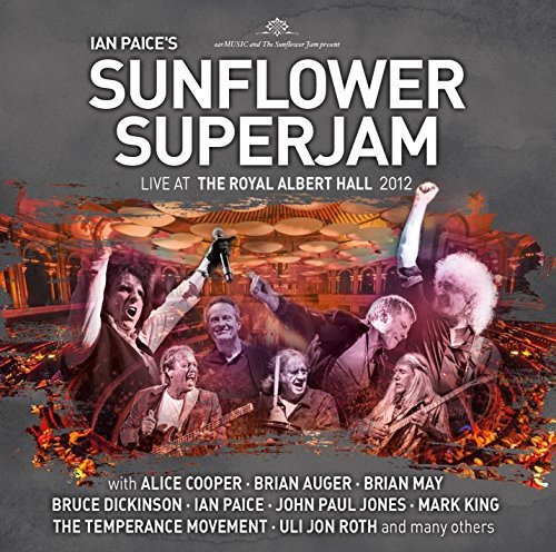 "CD cover with musicians celebrating, titled 'Ian Paice's Sunflower Superjam' in white text."