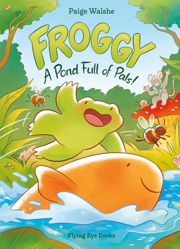A green frog jumps over a large orange fish in a pond with friends.