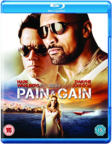 “Pain & Gain” Blu-ray cover with Mark Wahlberg, Dwayne Johnson, and a beach scene.