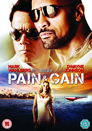 Pain & Gain" DVD cover featuring Mark Wahlberg, Dwayne Johnson, and a woman.