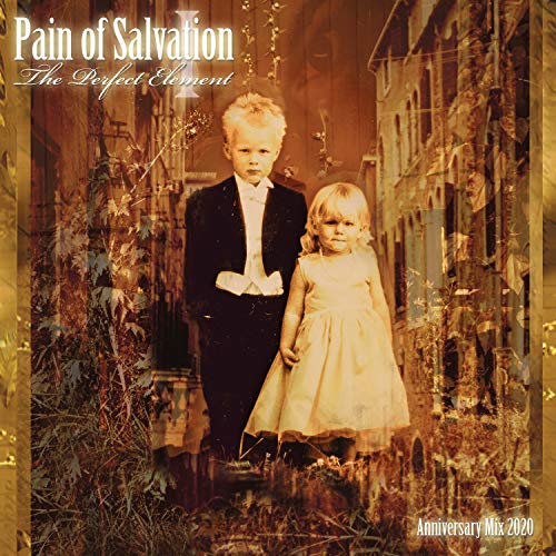 "Album cover with boy and girl in formal attire standing in a ruined building."