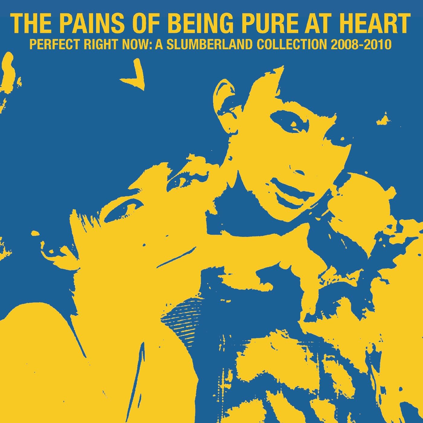 CD cover: Yellow and blue abstract illustration of embracing faces.