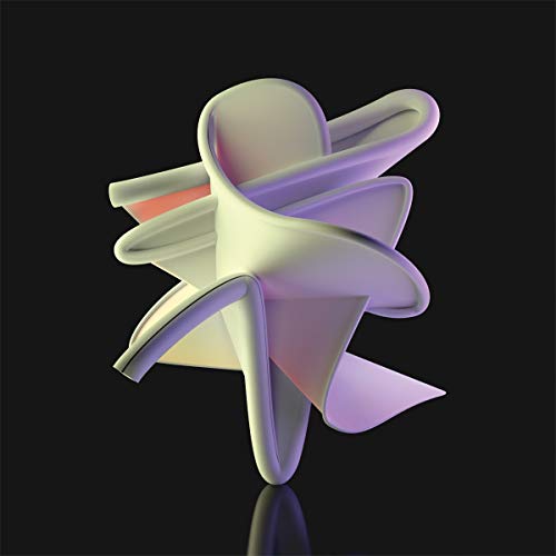Abstract white sculpture with flowing curves against a dark background.