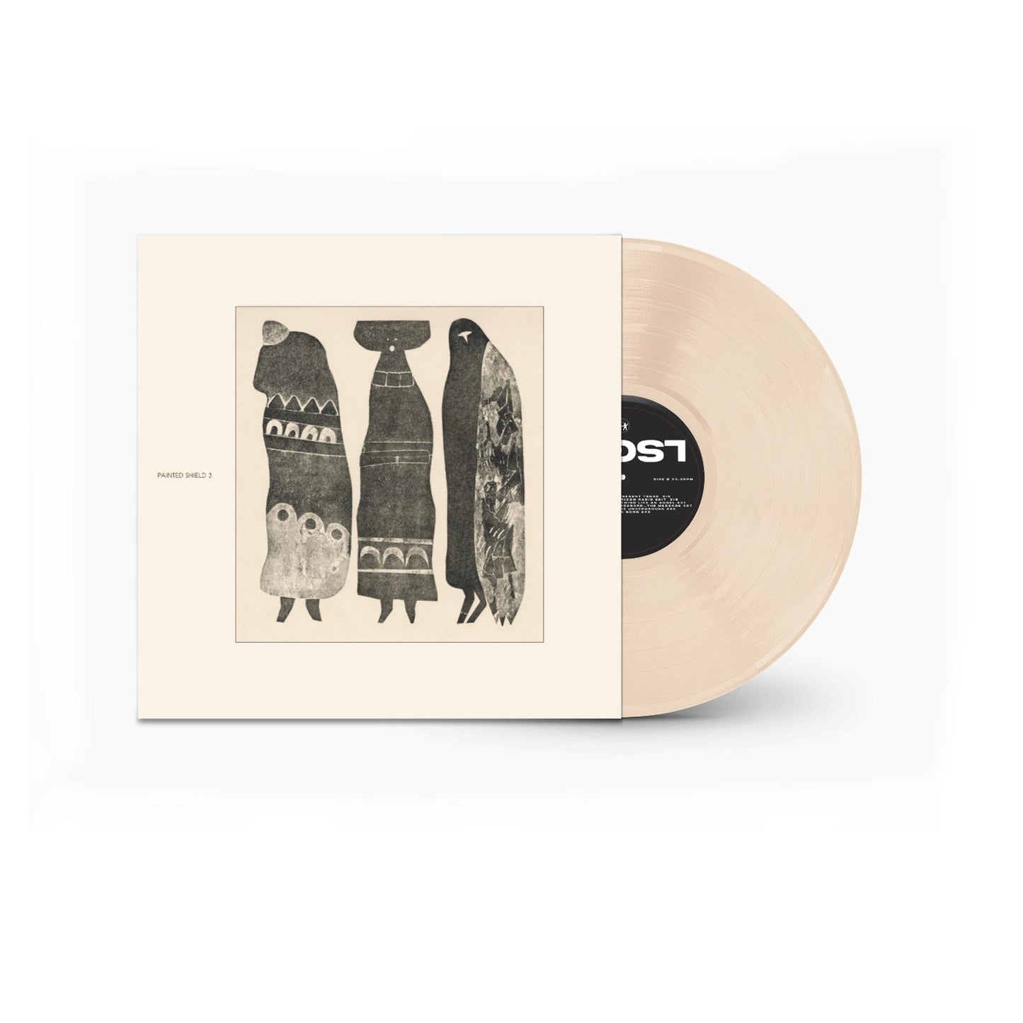 Vinyl record with cream-colored disc and album cover featuring dark figures.